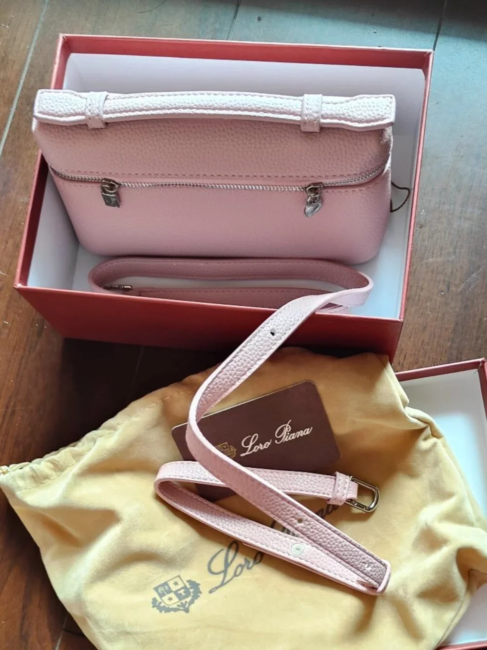 Loro Piana Pink Pebbled Leather Extra Pocket Pouch Crossbody Bag NIB